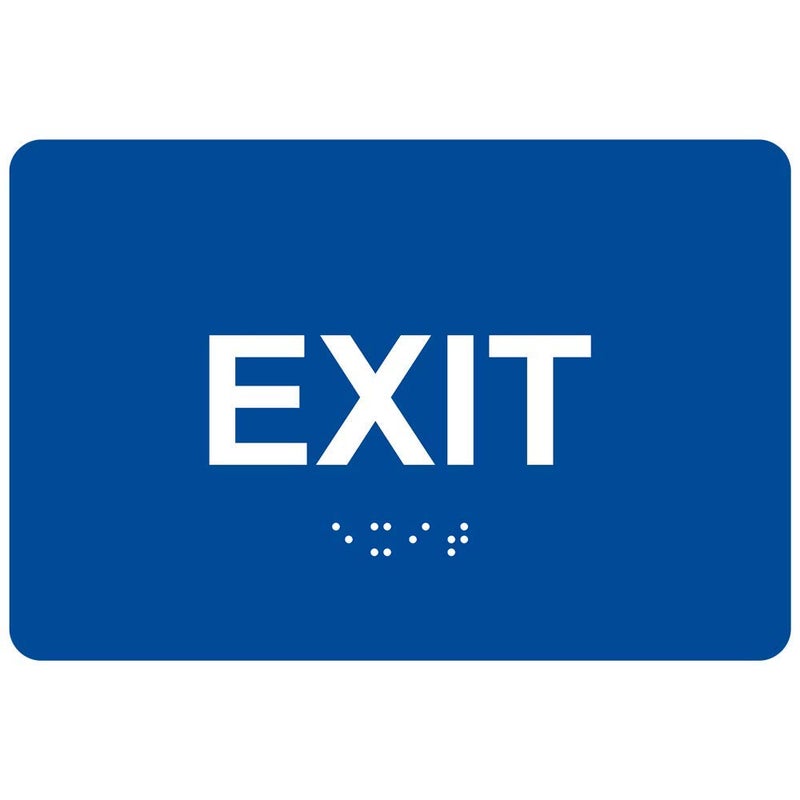 ComplianceSigns.com Exit Sign, ADA-Compliant Braille and Raised Letters, 6x4 inch White on Blue Acrylic with Adhesive Mounting Strips - Image 1